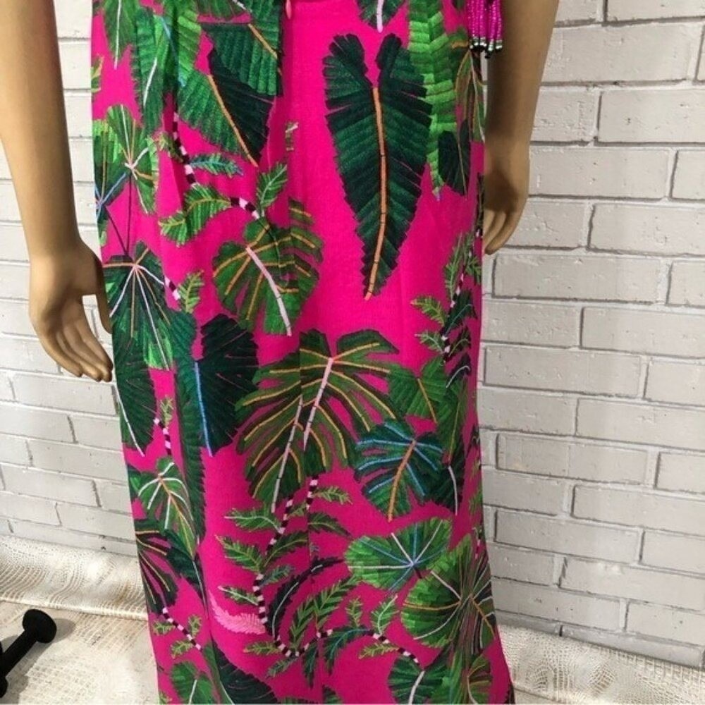 Farm Rio Pink Tropical Palm Leaf Print Ruched Side Spaghetti Strap Maxi Dress - Picture 10 of 10